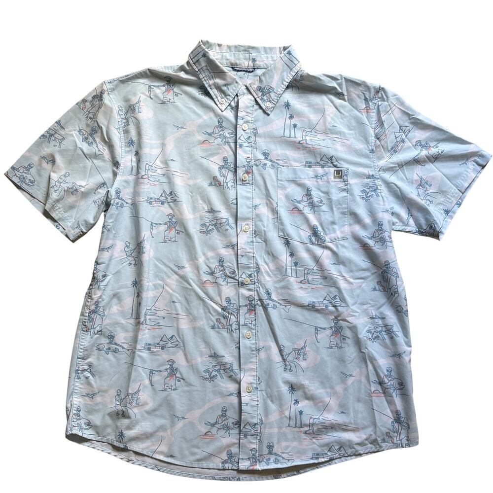 Huk Fishing Men’s Skeleton Fish Short Sleeve Button Down Casual Shirt Resort XL